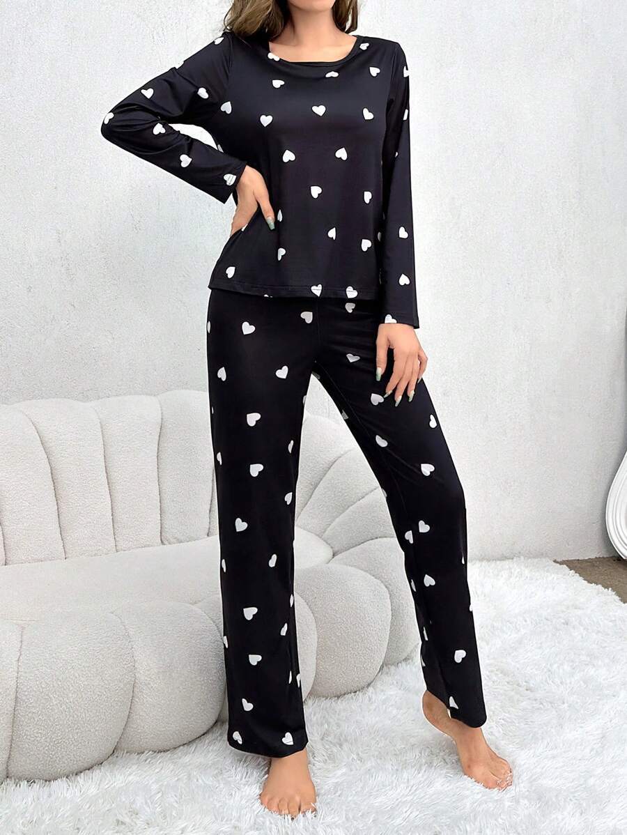 Conjunto de pijama largo informal de dos piezas con estampado de corazones para mujer