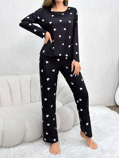 Conjunto de pijama largo informal de dos piezas con estampado de corazones para mujer