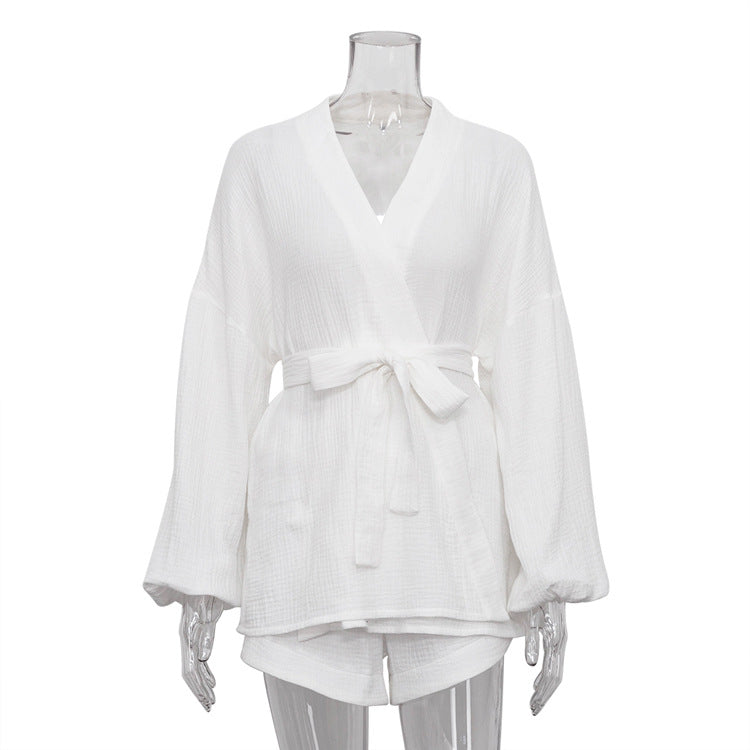 Conjunto de dos piezas para mujer: top blanco con cordones y pantalones cortos casuales de cintura alta