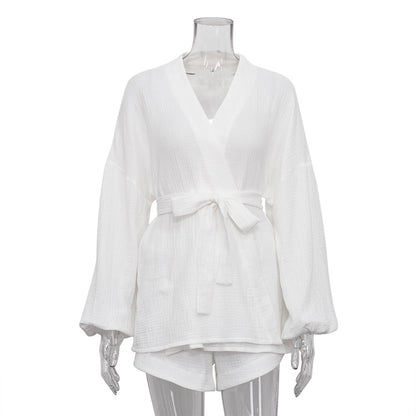 Conjunto de dos piezas para mujer: top blanco con cordones y pantalones cortos casuales de cintura alta
