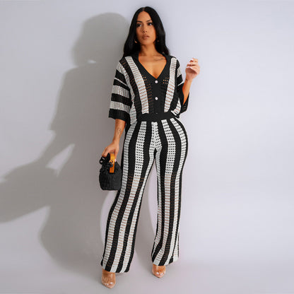 Women Fall Winter Casual V-Neck Hollow-Out Stripe Lapel Knitted Sweater Wide Leg Pants Set