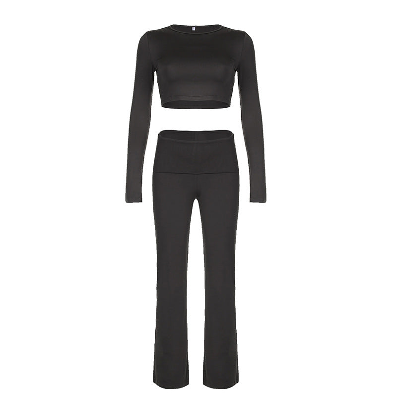 Conjunto de dos piezas informal para mujer, color liso, cuello redondo, manga larga, top corto, pantalones rectos