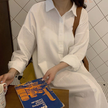 Women Casual Cozy Style Simple Ultra-Long Shirt Solid Color Lapel Cardigan Long Blouse