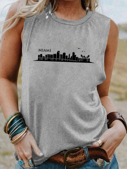 Women Fashion Casual High-Rise Printed Round Neck Sleeveless Tank Top