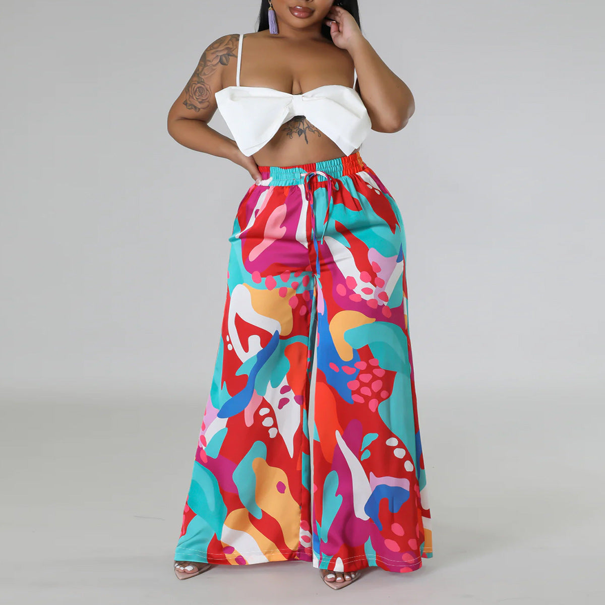 Women Fashion Casual Plus Size Graphic Printed Staggy Waist Lace-Up Wide-Leg Pants