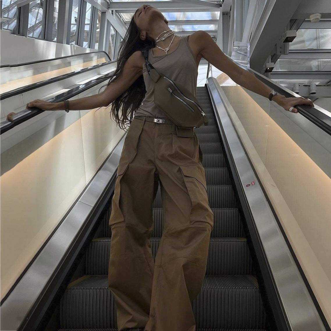 Women Fashion Casual Solid Color Loose Cargo Pants