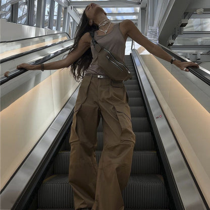 Women Fashion Casual Solid Color Loose Cargo Pants