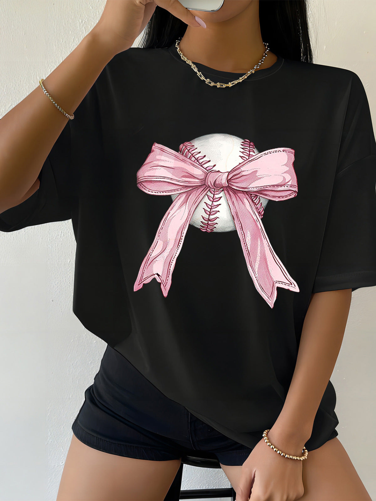 Camiseta informal de manga corta con cuello redondo y estampado para mujer