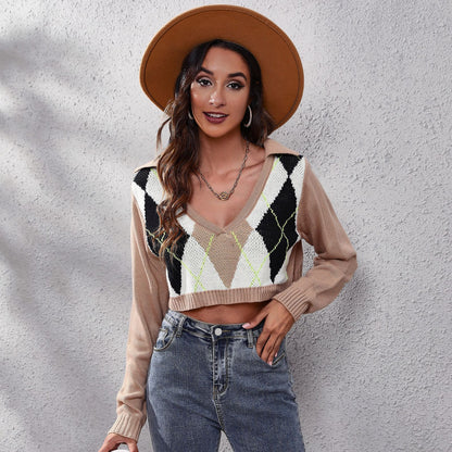 Women Spring Casual Color Blocking Lapel V Neck Long Sleeve Plaid Crop Sweater