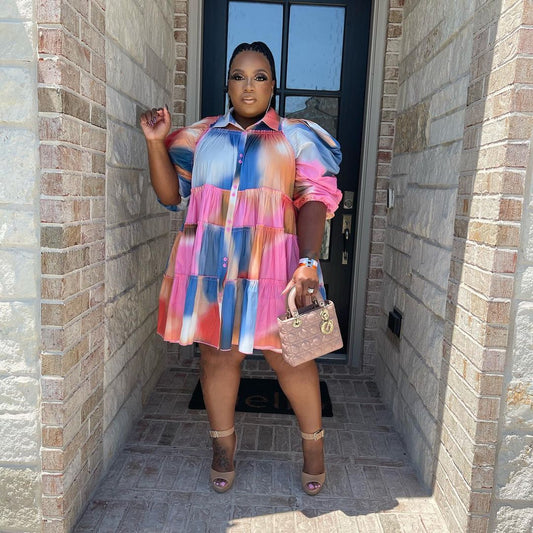 Women Elegant Fashion Casual Ruffled Short Sleeves Color Blocking Shirt Dress