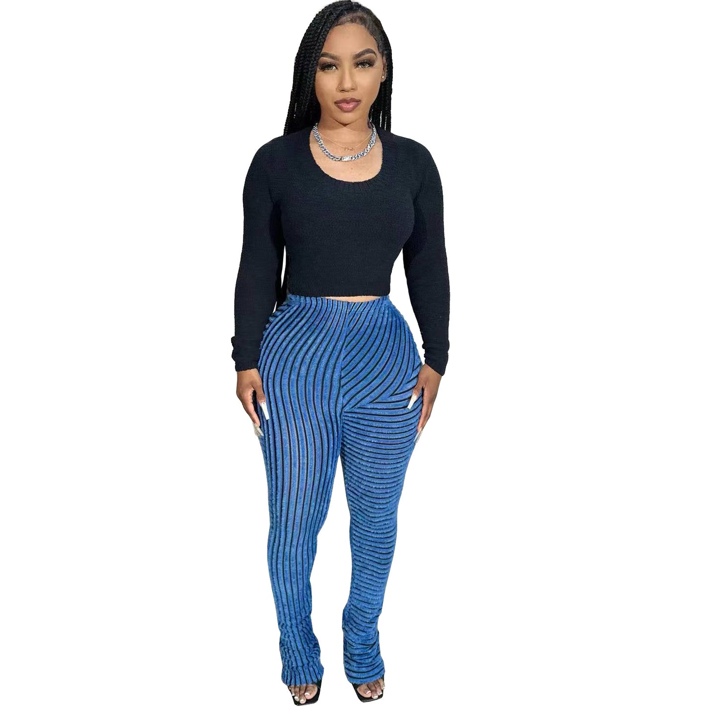 Women Plush Stripe Texture Breathable Large Elastic Fashion Casual Slim-Fit Pants