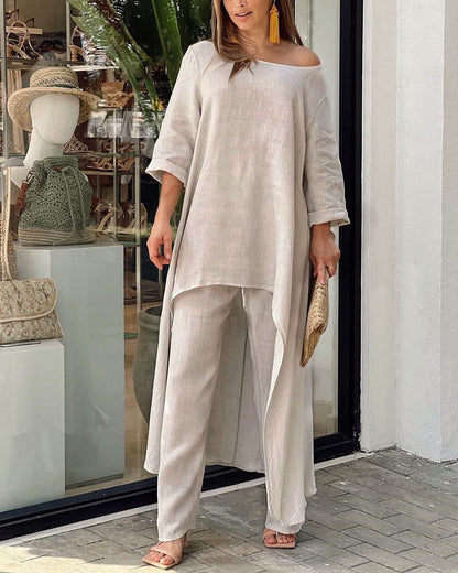 Conjunto de top y pantalones anchos de manga larga irregulares de algodón y lino de color liso informal para mujer