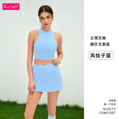 Conjunto de dos piezas de camiseta deportiva sin mangas de secado rápido para mujer, estilo informal, a la moda de verano, con falda acampanada