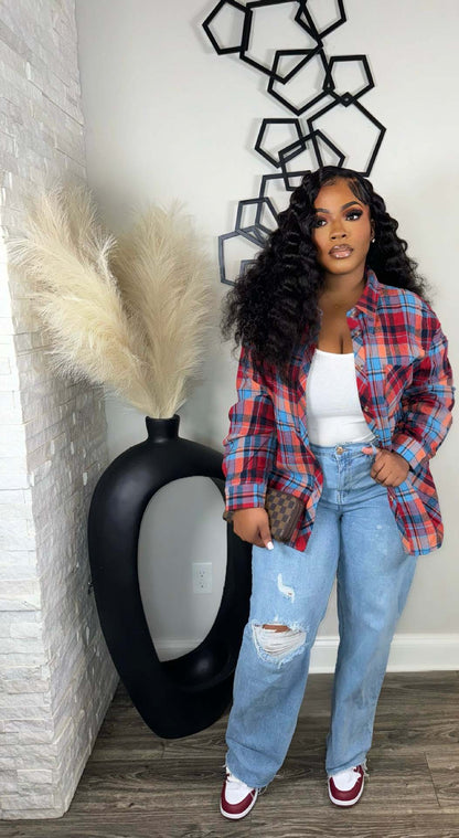 Women Fashion Casual Multicolor Plaid Lapel Single Breasted Long-Sleeve Blouse
