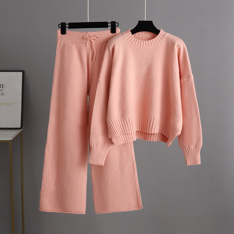 Autumn Winter Women Fashion Casual Knitted Sweater Wide Leg Pants Two-Piece Set
