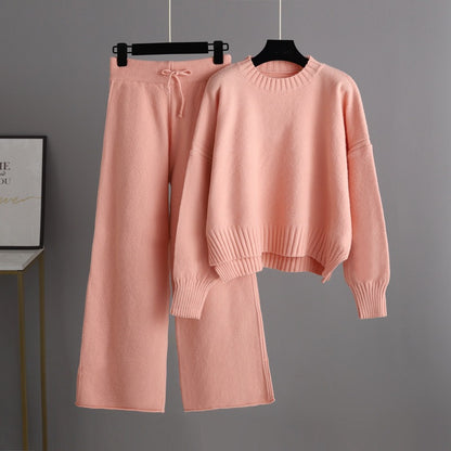 Autumn Winter Women Fashion Casual Knitted Sweater Wide Leg Pants Two-Piece Set