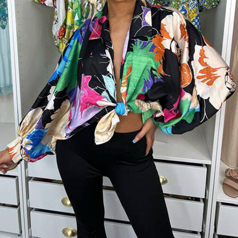 Blusa informal holgada de manga larga con estampado floral multicolor para mujer