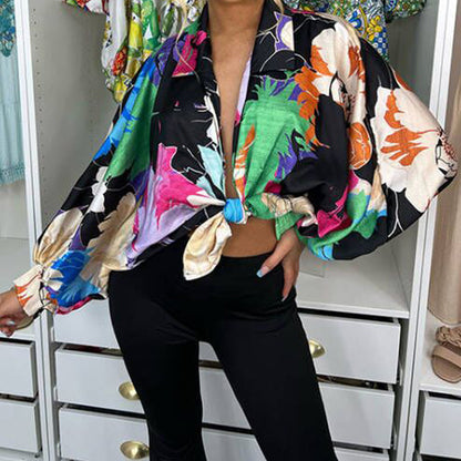 Blusa informal holgada de manga larga con estampado floral multicolor para mujer