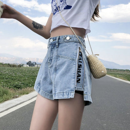 Women Fashion Casual Letter Printing Zipper Denim Shorts