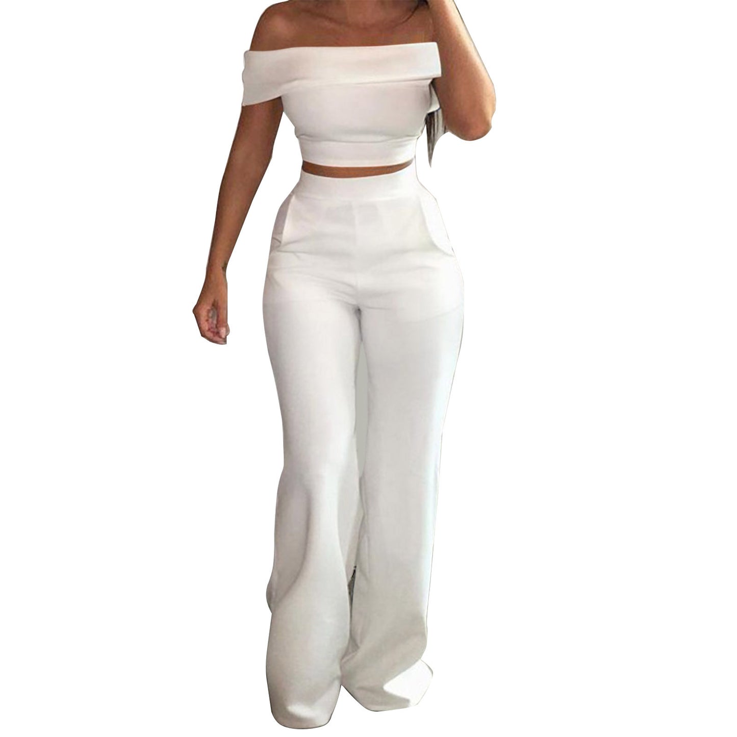 Summer Women Temperament Off-The-Shoulder Printed Top And High Waist Wide Leg Pants Casual Suits