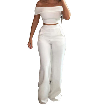 Summer Women Temperament Off-The-Shoulder Printed Top And High Waist Wide Leg Pants Casual Suits