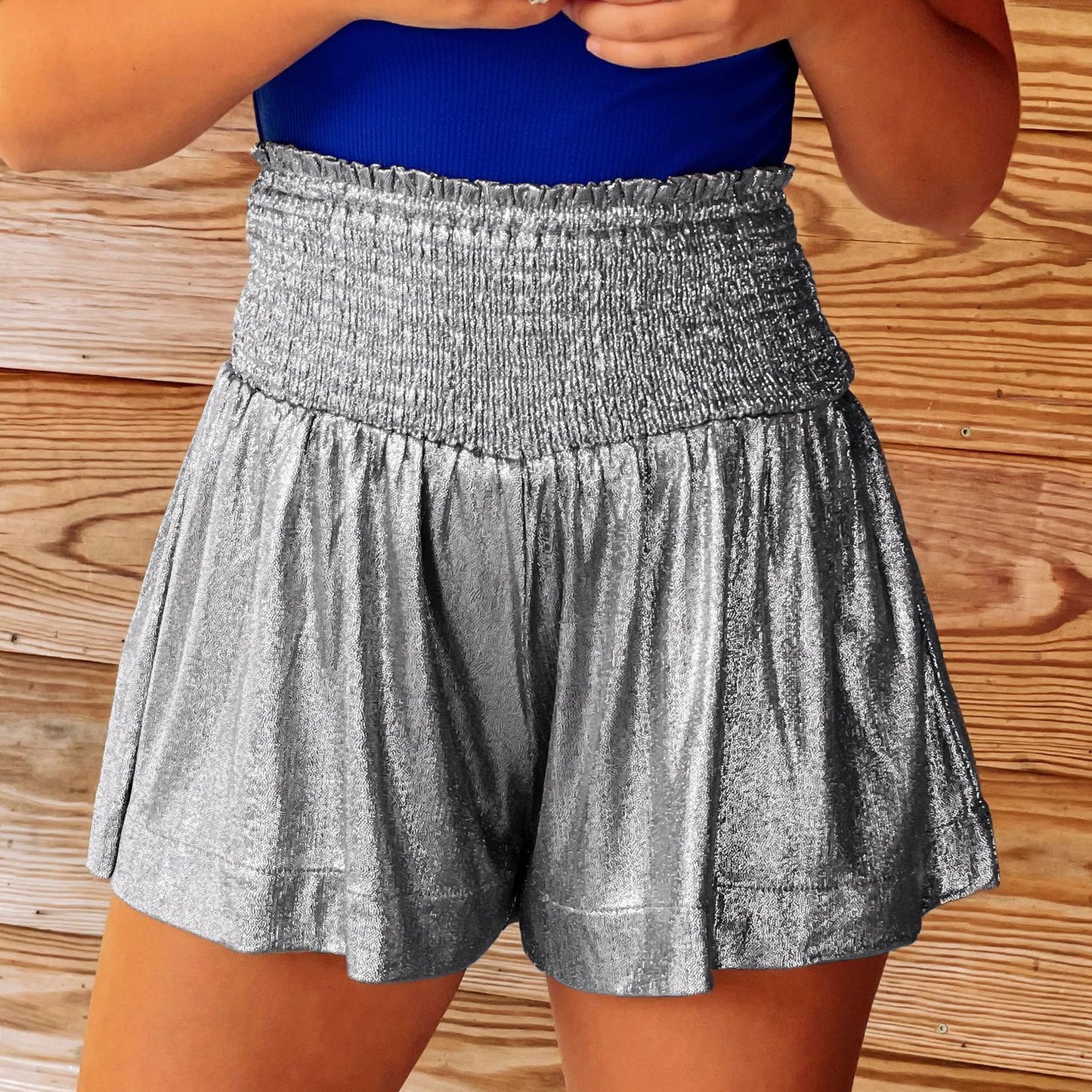 Women Summer Casual Loose Elastic Waist Glitter Shorts
