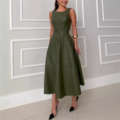 Women Fashion Casual Solid Color Sleeveless Back Zipper Lace PU Dress