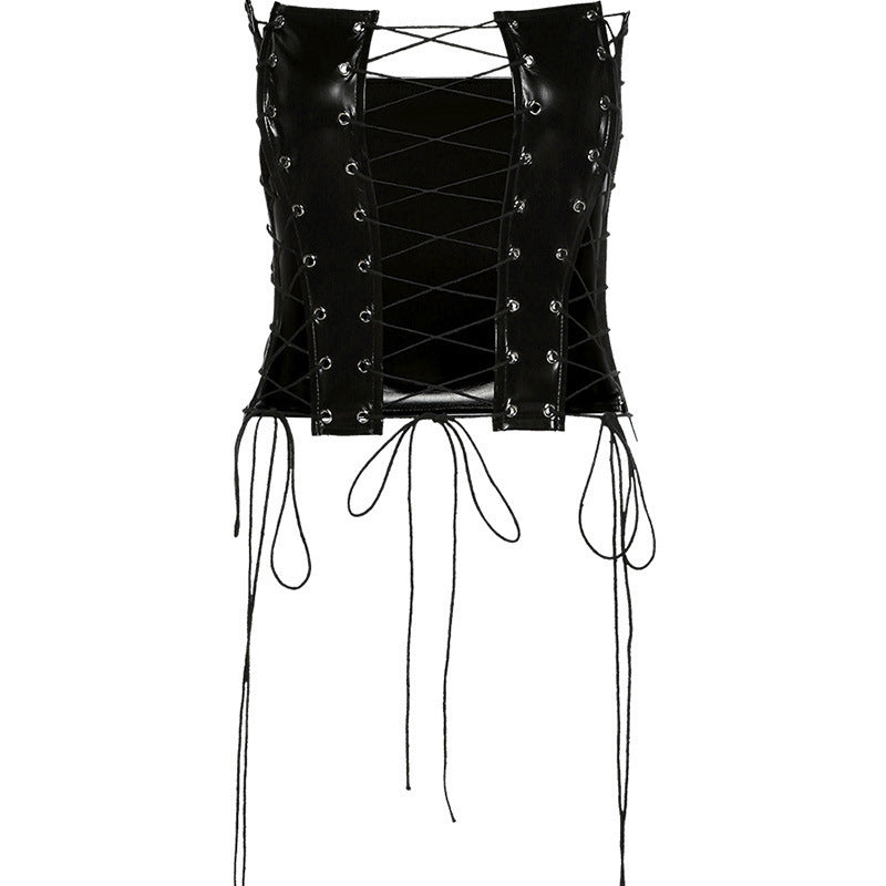 Women Fashion Casual Strapless Strap Fish Bone Imitation Leather Waist Top