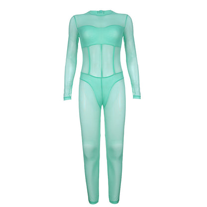 Women Sexy Solid Color Round Neck Long Sleeve Mesh Slim Fit Casual Jumpsuits