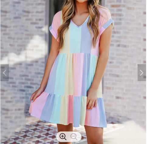 Women Fashion Casual V-Neck Color Blocking Dress