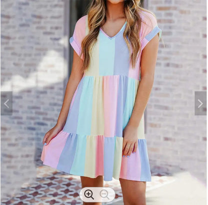Women Fashion Casual V-Neck Color Blocking Dress
