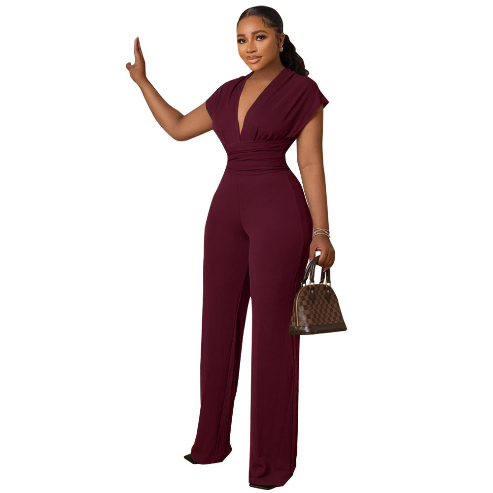 Women Fashion Casual Solid Color V-Neck Sleeveless Silm-Fit Jumpsuit