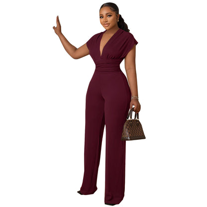 Women Fashion Casual Solid Color V-Neck Sleeveless Silm-Fit Jumpsuit