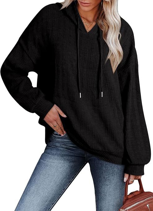 Sudadera con capucha de manga larga holgada con bolsillo y punto acanalado para mujer, informal, para otoño e invierno