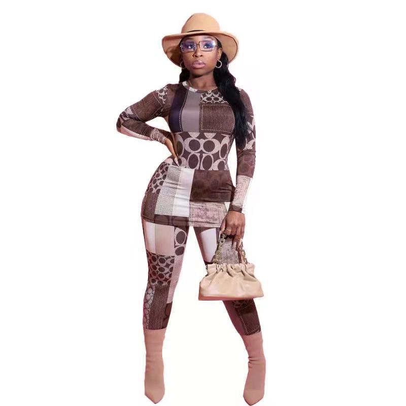 Conjunto de dos piezas con top ajustado de manga larga y estampado geométrico informal a la moda para mujer