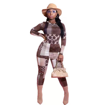 Conjunto de dos piezas con top ajustado de manga larga y estampado geométrico informal a la moda para mujer