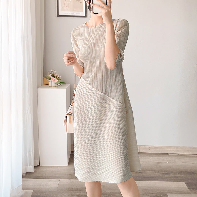 Women Fashion Minimalist Casual Soft Solid Color Round Neck Cropped Sleeve Creased Dress