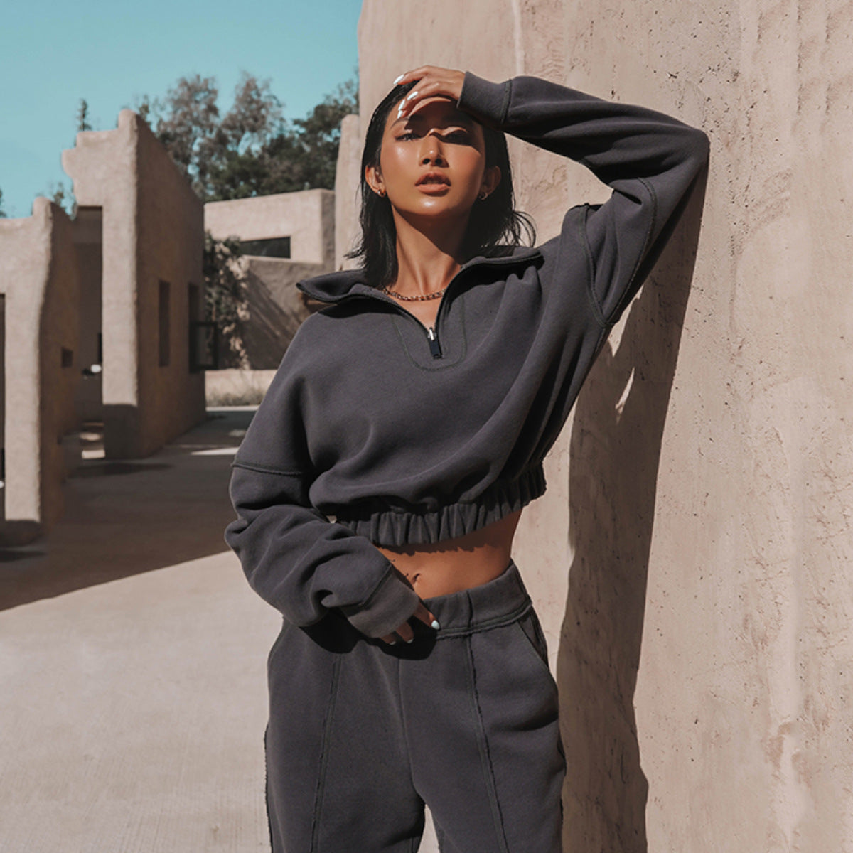 Women Solid Color Stand Collar Zip Long Sleeve Top And Pants Casual Sports Two Piece Set