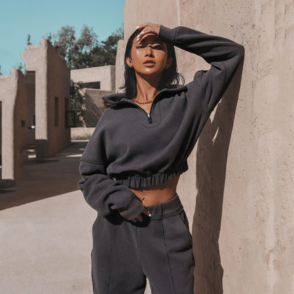 Women Solid Color Stand Collar Zip Long Sleeve Top And Pants Casual Sports Two Piece Set