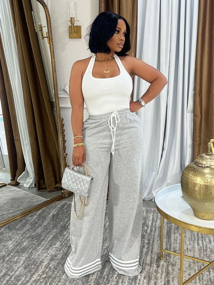 Women Fashion Casual Loose High Waist Drawstring Wide Leg Pants