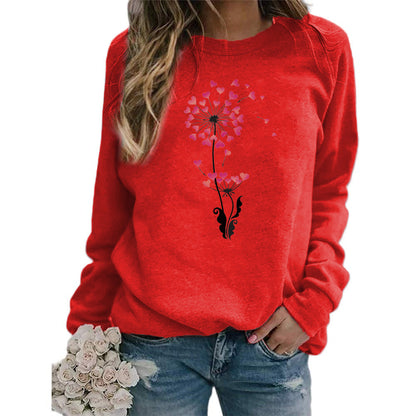 Sudadera holgada informal con estampado de diente de león y corazón para mujer, cuello redondo y manga larga