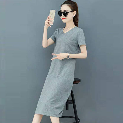 Women Fashion Casual Solid Color V Neck Short Sleeve Dress
