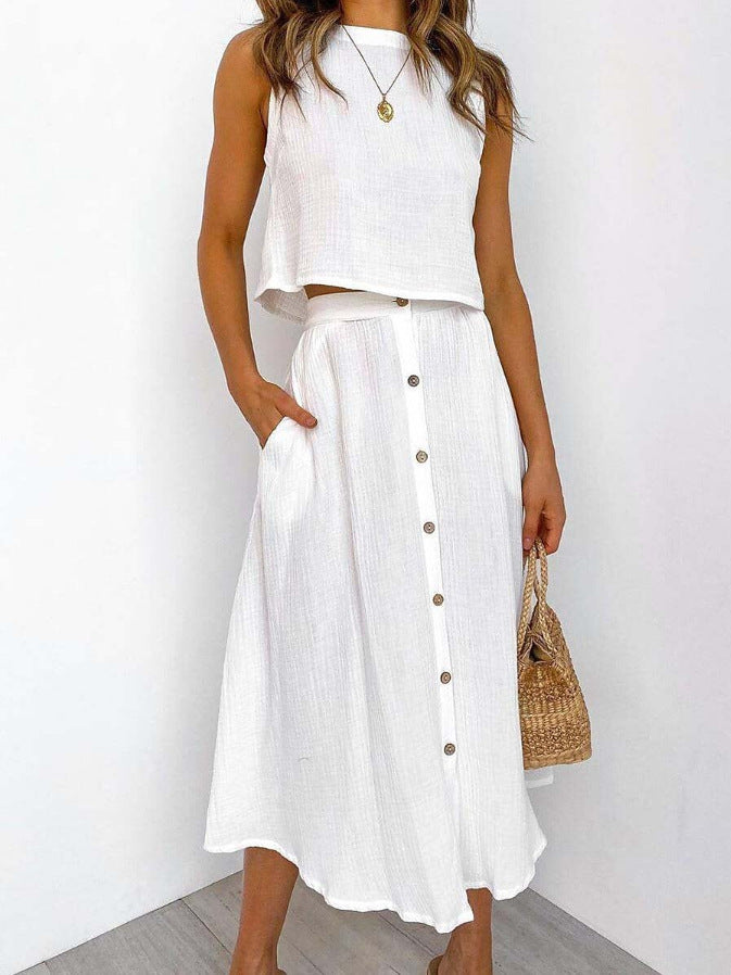 Conjunto de dos piezas de camiseta sin mangas con cuello redondo informal para mujer, largo midi y falda con botones.
