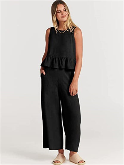 Conjunto de dos piezas de top informal sin mangas y pantalón ancho para mujer