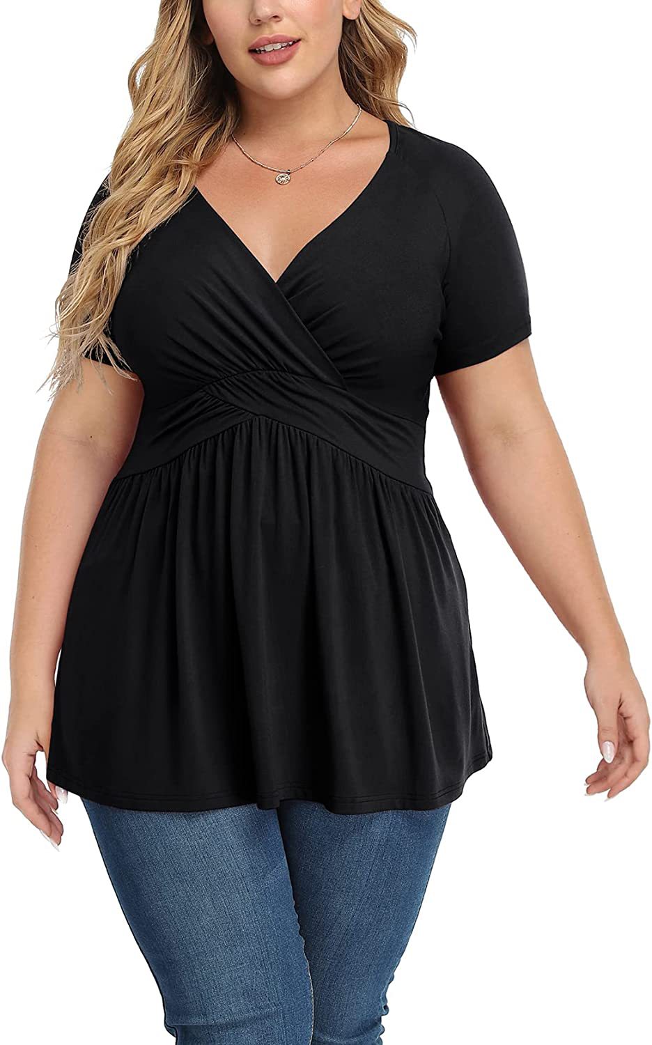 Women Fashion Casual Solid Color V-Neck Short Sleeve Plus Size Top