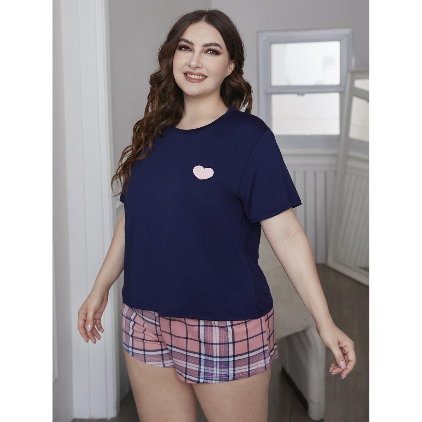 Conjunto de pijama informal de manga corta con estampado a cuadros para mujer, talla grande