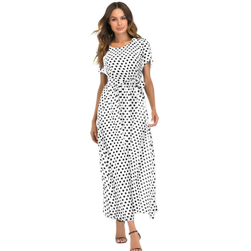 Women Casual Elegant Round Neck Short-Sleeved Polka Dot Print Midi Dress