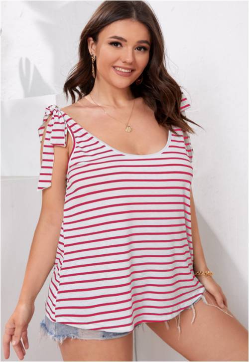 Women Fashion Casual Stripe Printing Lace-Up Sleeveless Plus Size Top