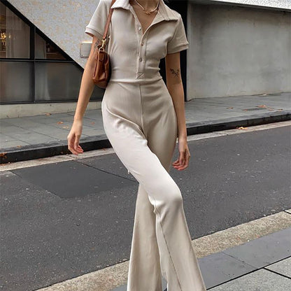 Women Fashion Casual Backless Lapel Button Short Sleeve Jumpsuits