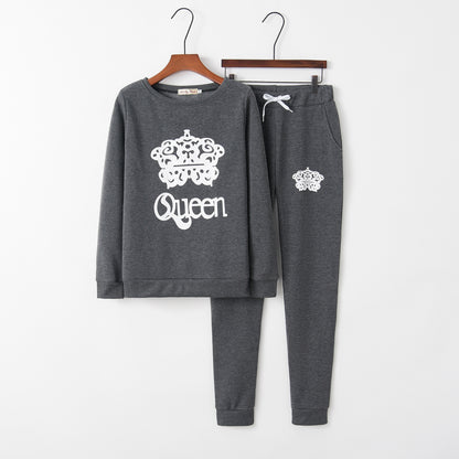 Casual Athleisure Women Slong Sleeve Queen Print Sweatshirt And Pants Set